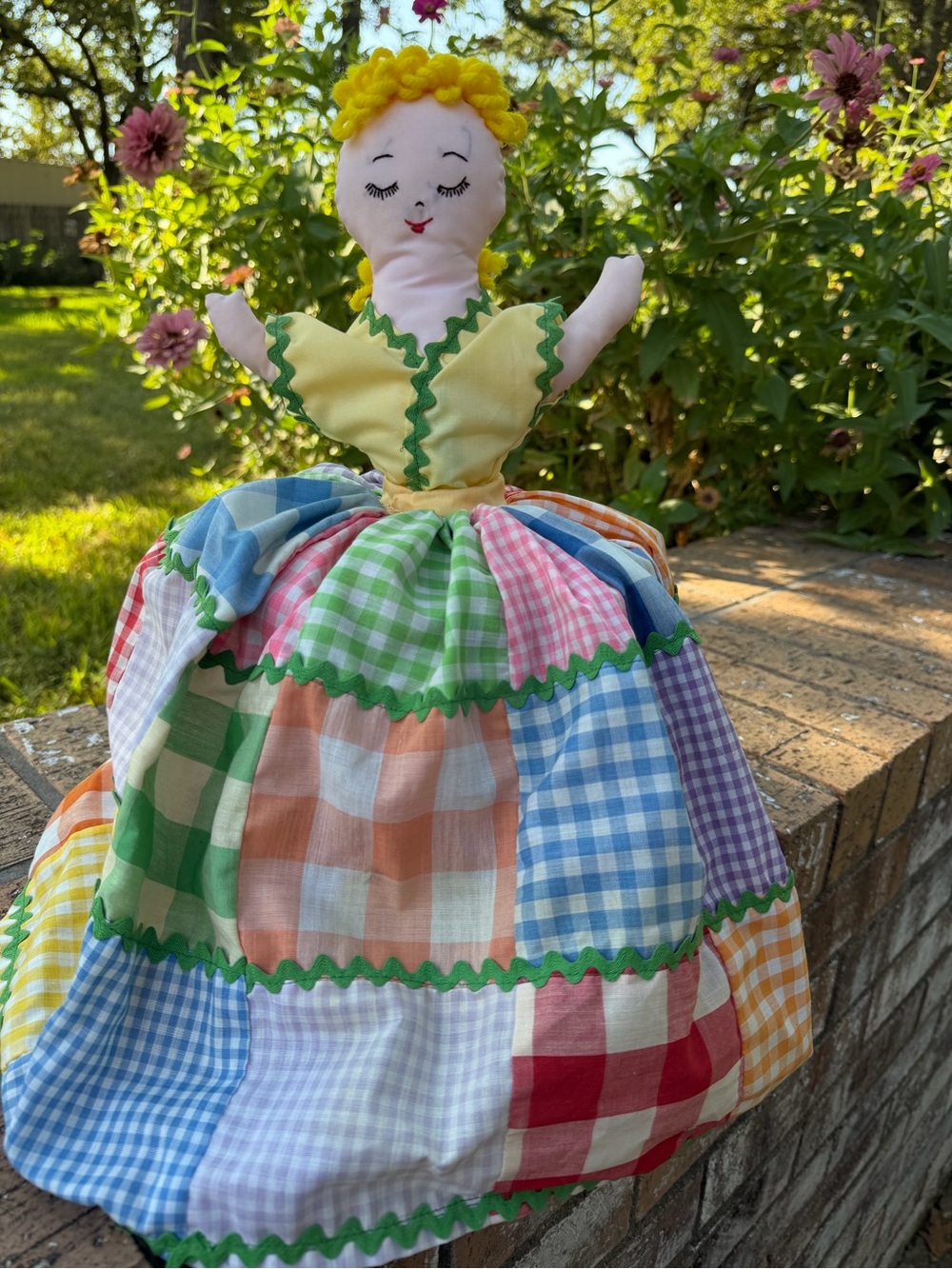 VTG 70’s Homemade Cloth Doll For Appliance Cover, Shelf Sitter Patchwork Skirt*